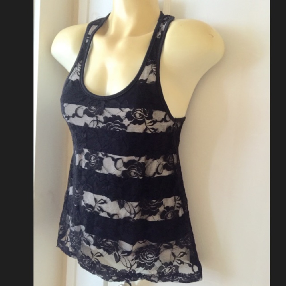 Double layer lace & cotton stripes racer back top